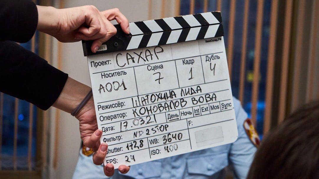 Film clapperboard resting on set before a take